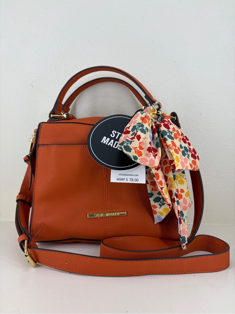 Steve Madden Orange Crossbody Satchel with Floral Scarf Accent